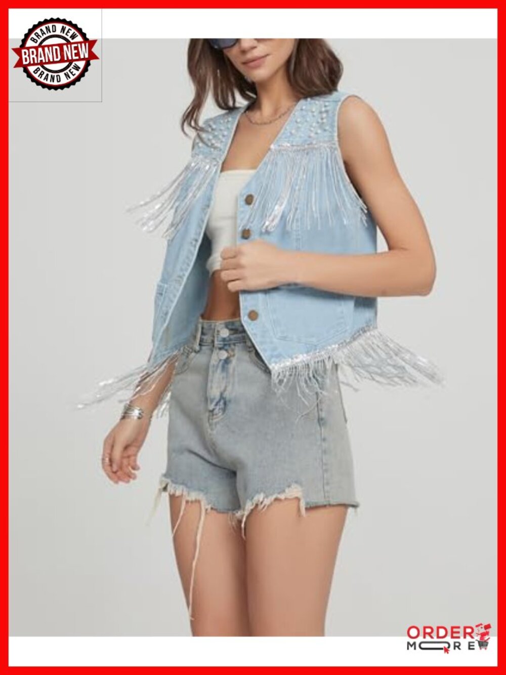 Denim Fringe Vest Top with Pearl & Sequin Details Lightweight Summer Vest - Picture 2 of 6